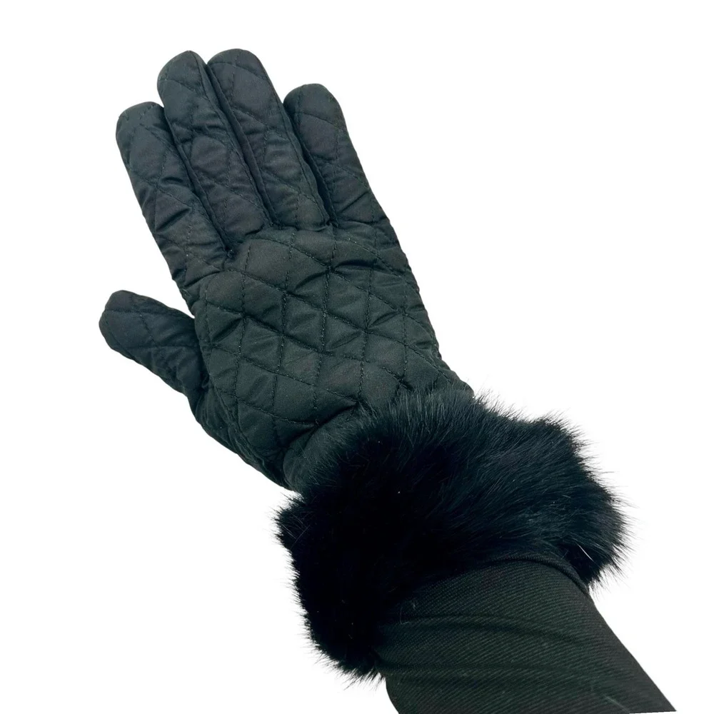 Preston & York Black Quilted Gloves‎ Fur Trim Cuffs Sz M Fleece Lined Insulated